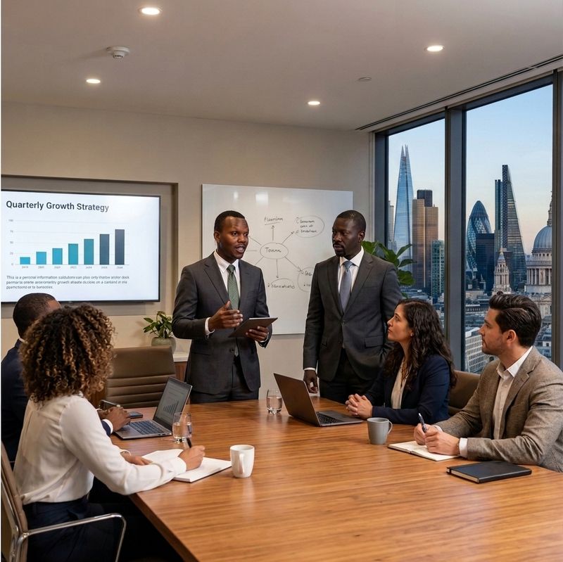 An OptiScale adviser presenting a growth strategy to a management team in a London boardroom